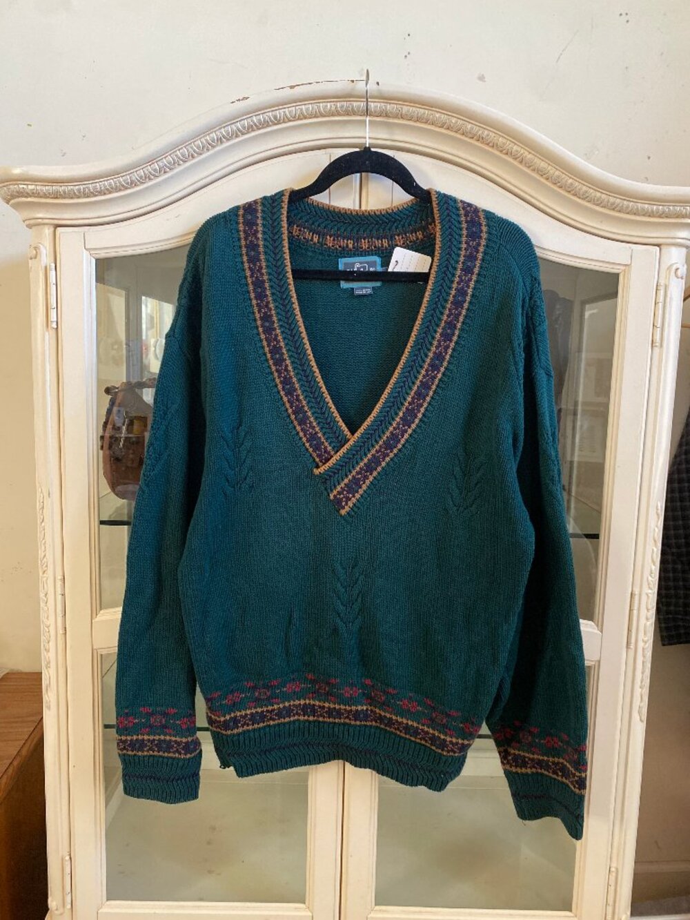 Vintage Woolrich V Neck Cotton Green Brown Knit Sweater